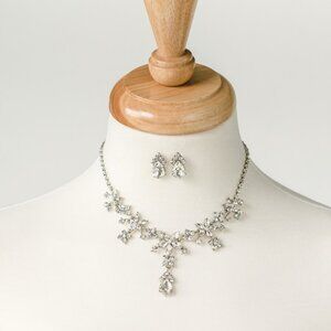 Crystal Bridal Necklace & Earring Set, Silver Floral design